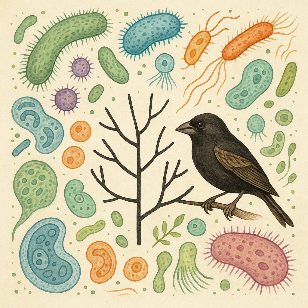 Course Logo for MICR4013/5013 featuring different microbes, a phylogenetic tree, and a finch generated using ChatGPT